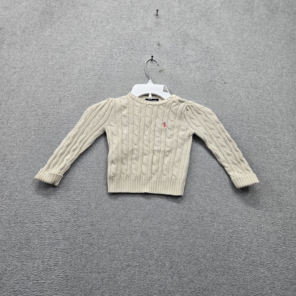 Ralph Lauren Toddler Sweater 24M Beige Embroidered Cable Knit Pony Logo